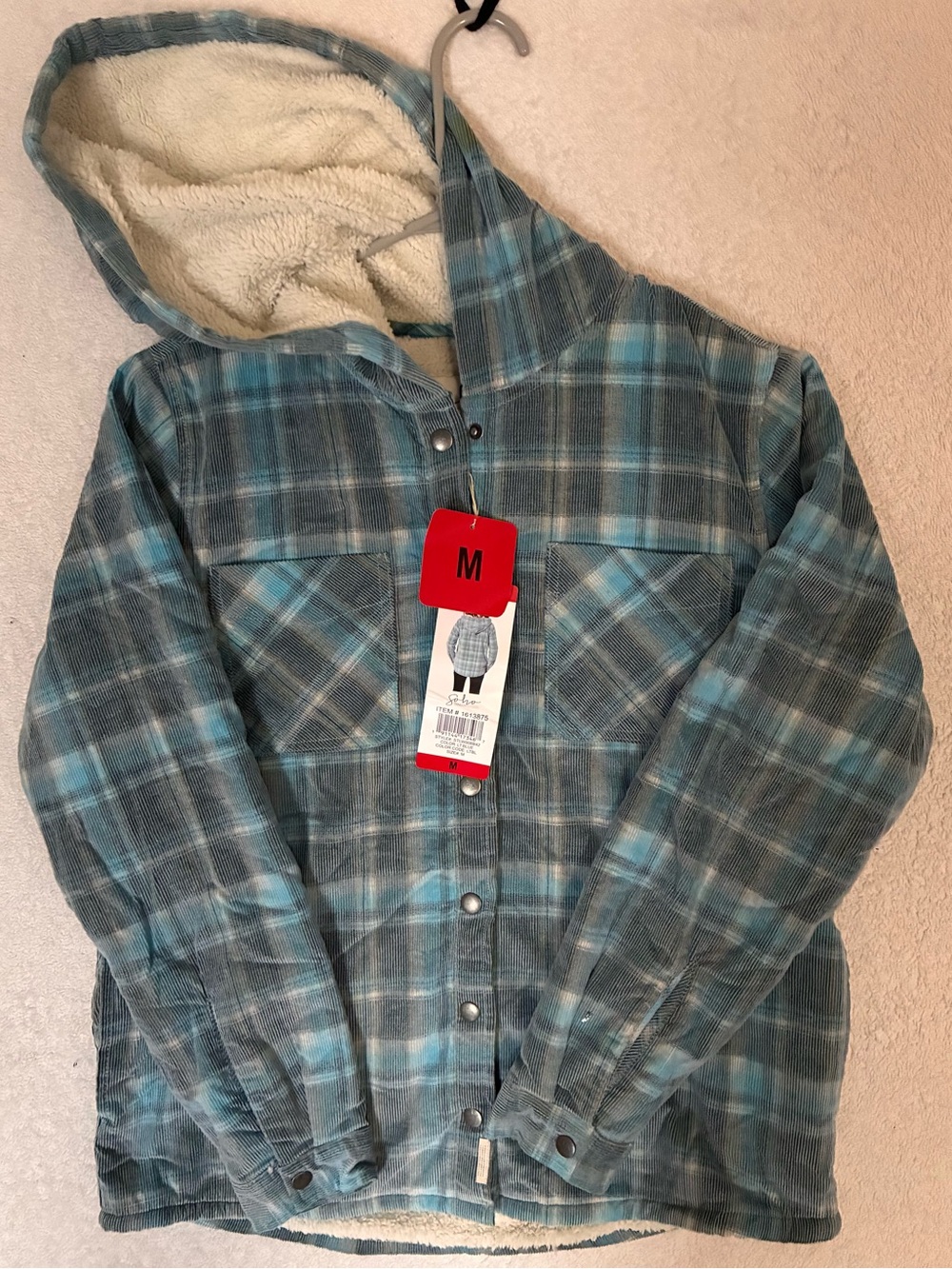Soho Teal and Gray Plaid Hooded Sherpa Jacket